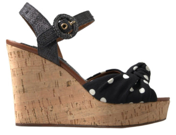 Black Wedges Polka Dotted Ankle Strap Shoes Sandals