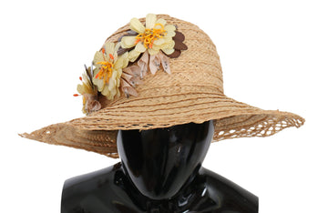 Beige Wide Brim Floral Bucket Capello Hat