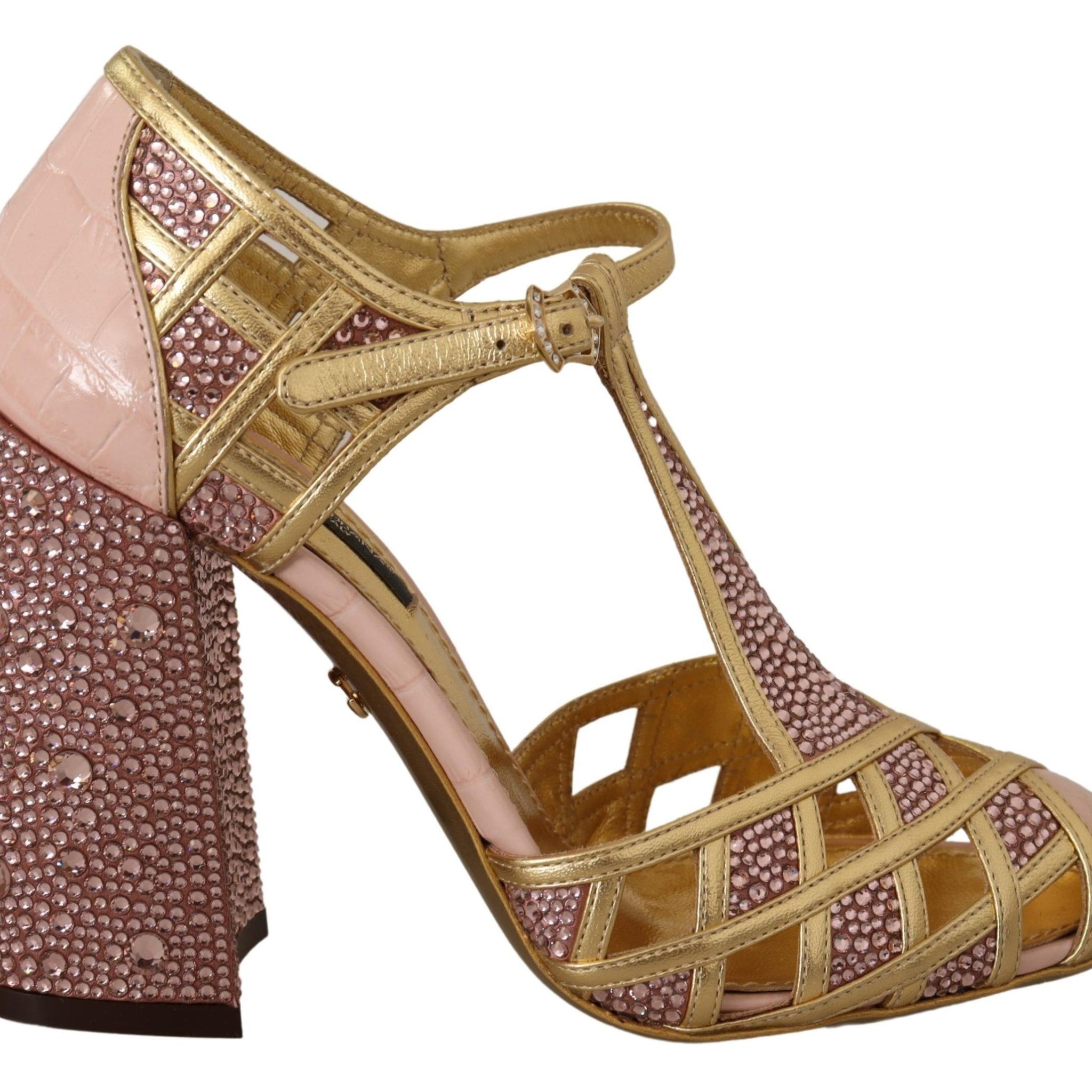 Pink Gold Leather Crystal Pumps T-strap Shoes