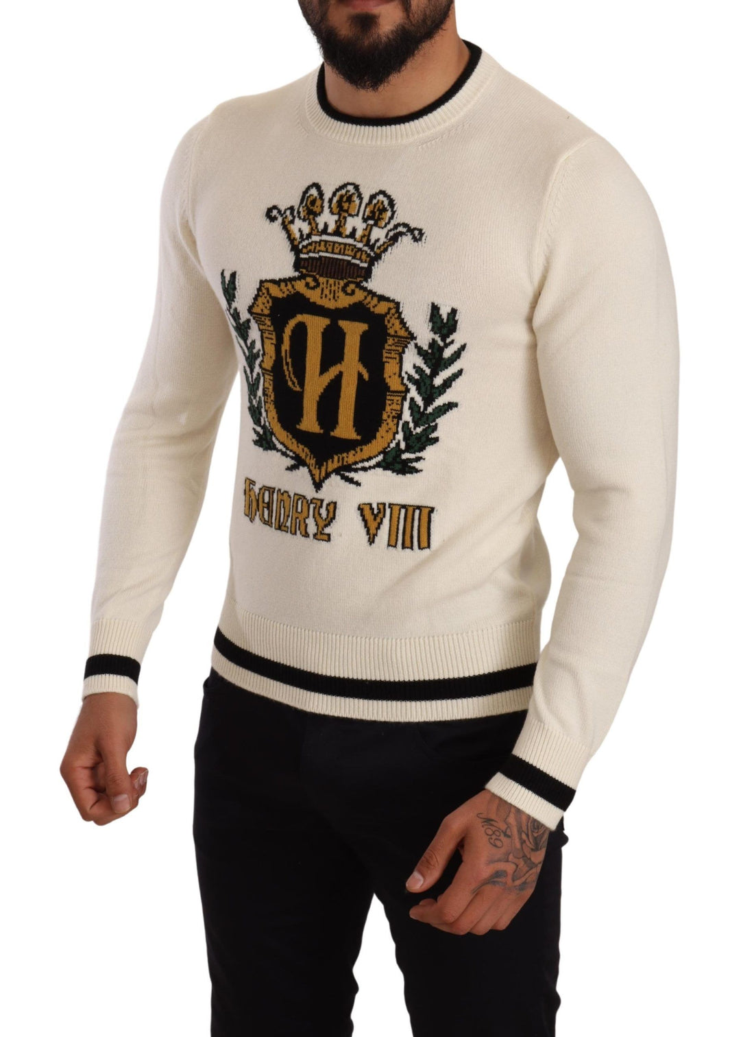 White Heraldic Cashmere Pullover Sweater