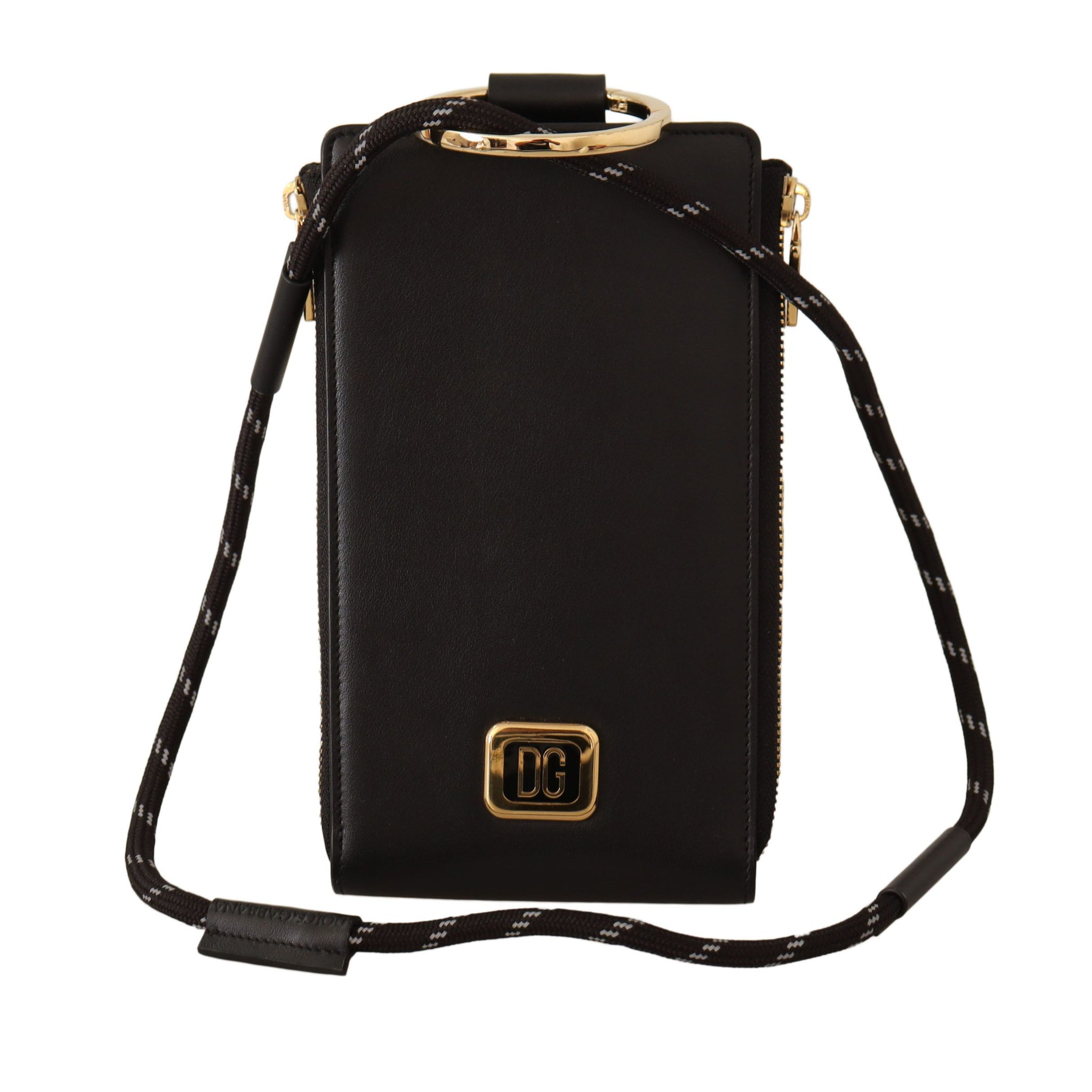 Black Leather Logo Plaque Neck Strap Card Coin Wallet