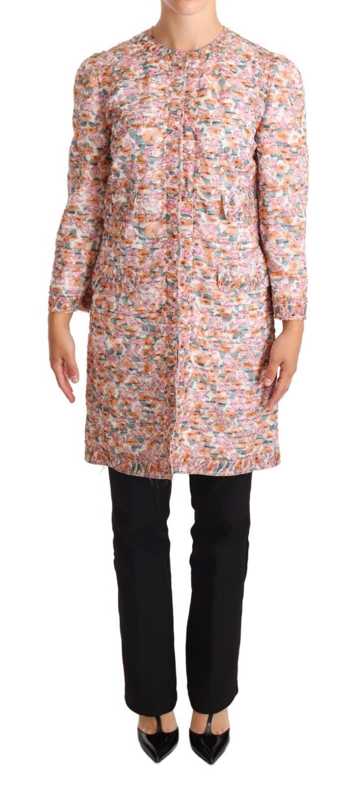 Multicolor Floral Print Silk Trench Coat Jacket