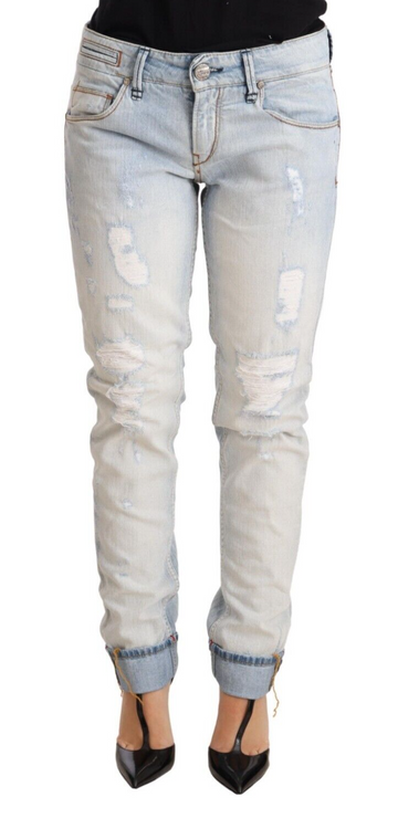 Light Blue Distressed Cotton Folded Hem Denim Trouser Jeans