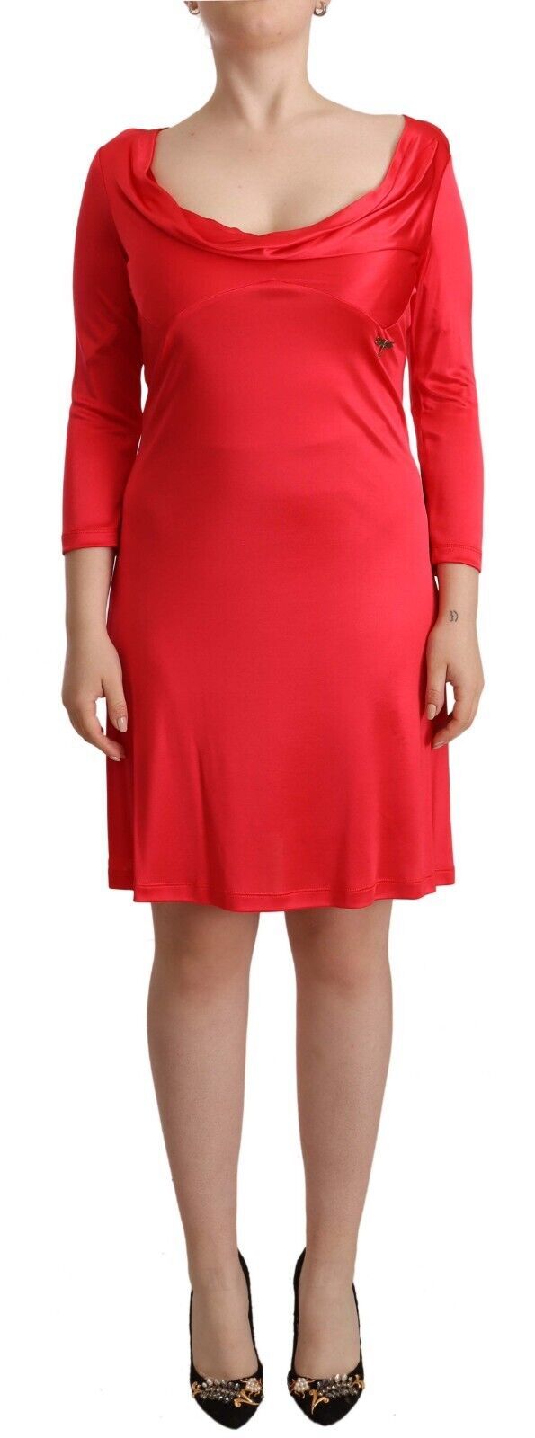 Red Viscose 3/4 Sleeves Deep Round Neck Sheath Dress