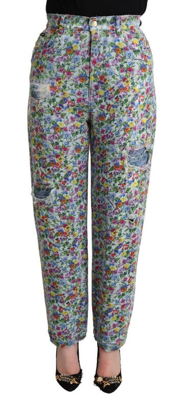 Blue Floral Print High Waist Denim Tapered Jeans