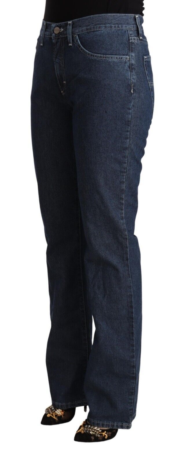 Blue Cotton Mid Waist Flared Denim Jeans