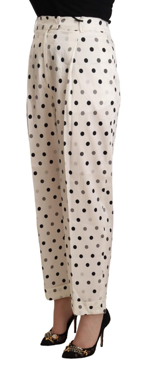 White Polka Dotted High Waist Tapered Pants