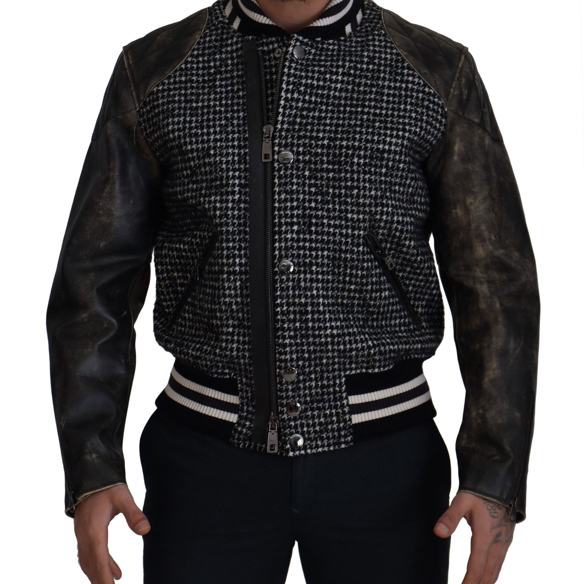 Black Houndstooth Polyester Bomber Jacket