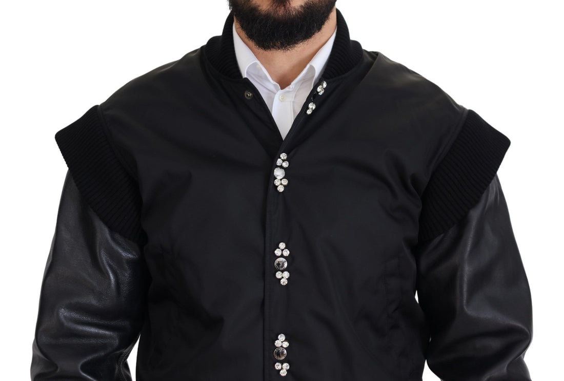 Black Nylon Crystals Coat Buttons Jacket