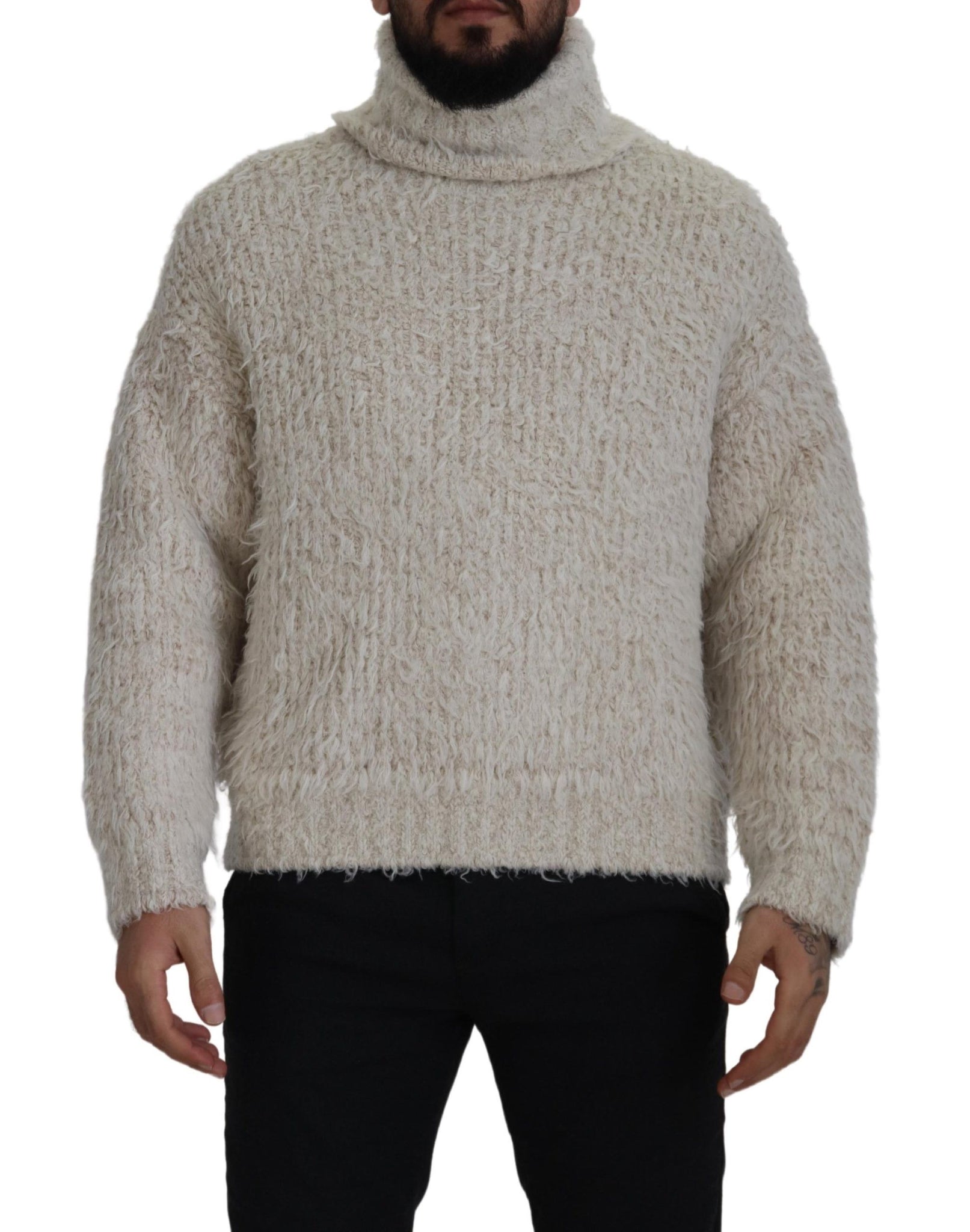 Cream Wool Knit Turtleneck Pullover Sweater
