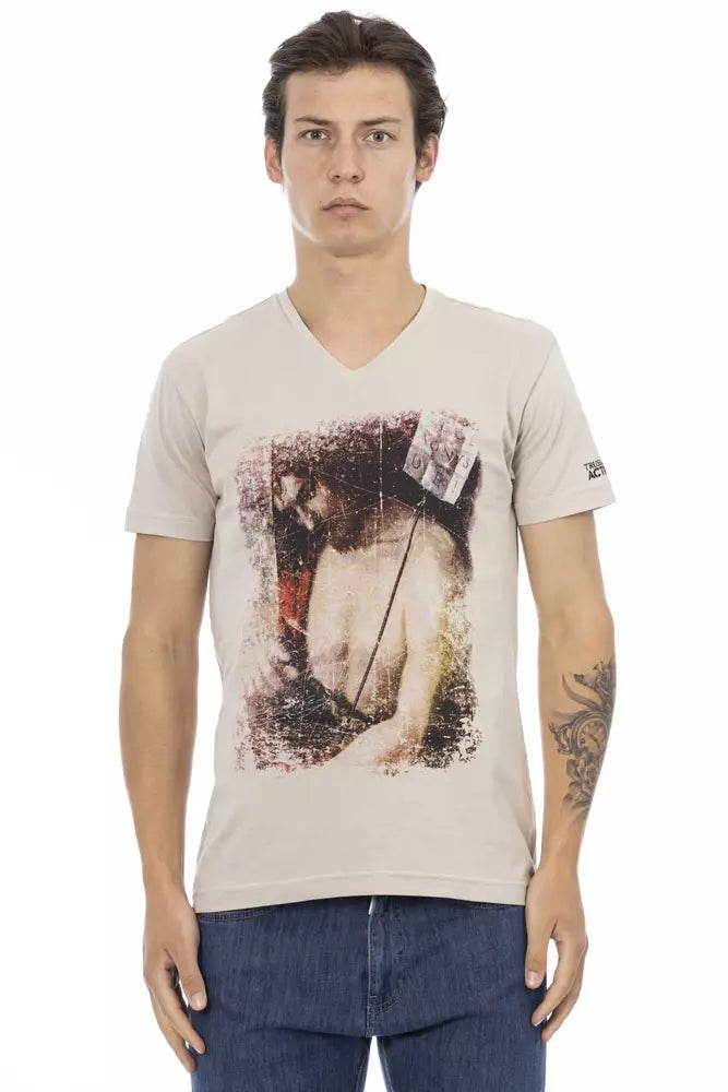 Beige Cotton Men V-neck T-shirt