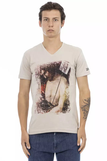 Beige Cotton Men V-neck T-shirt