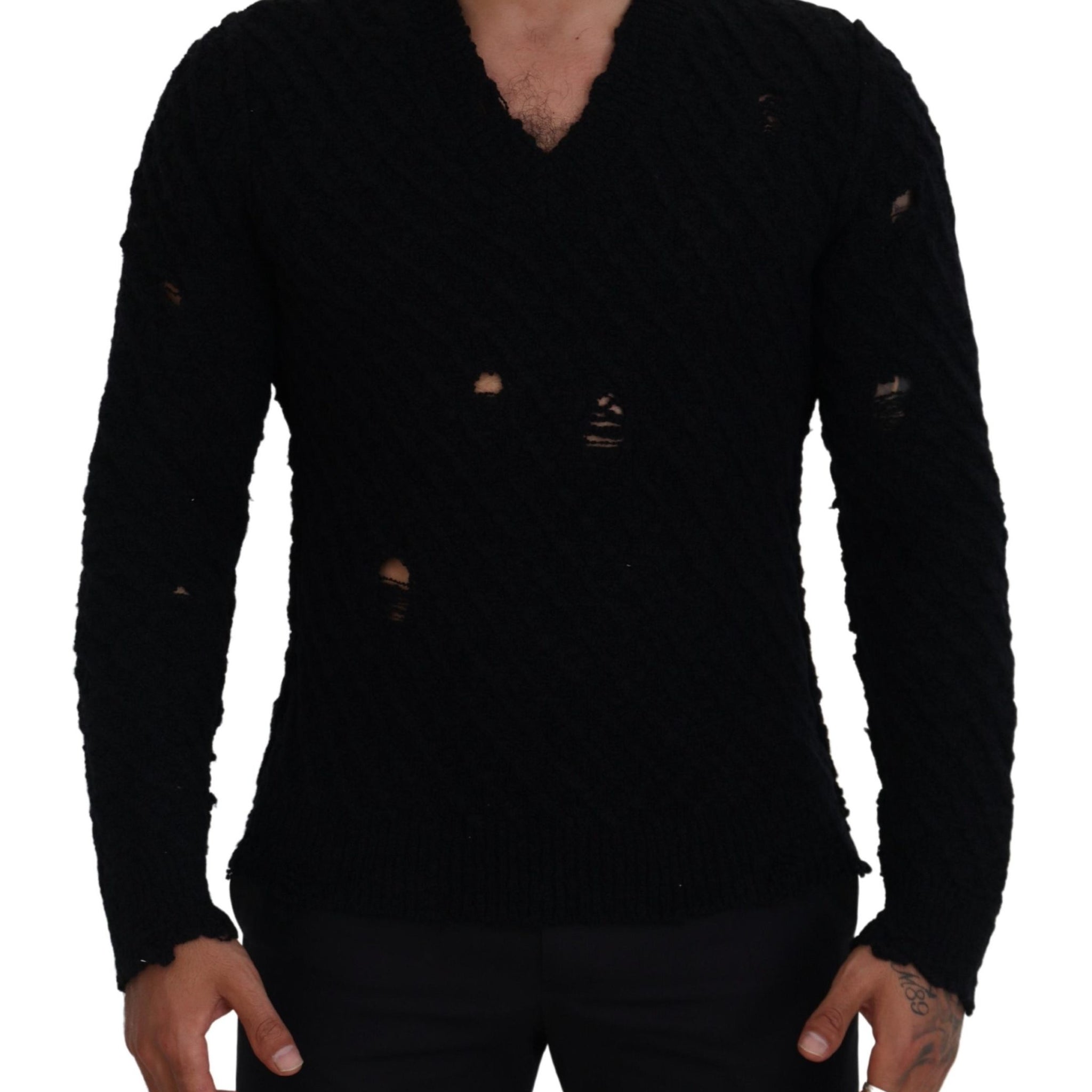 Black Wool V-neck Knitted Pullover Sweater