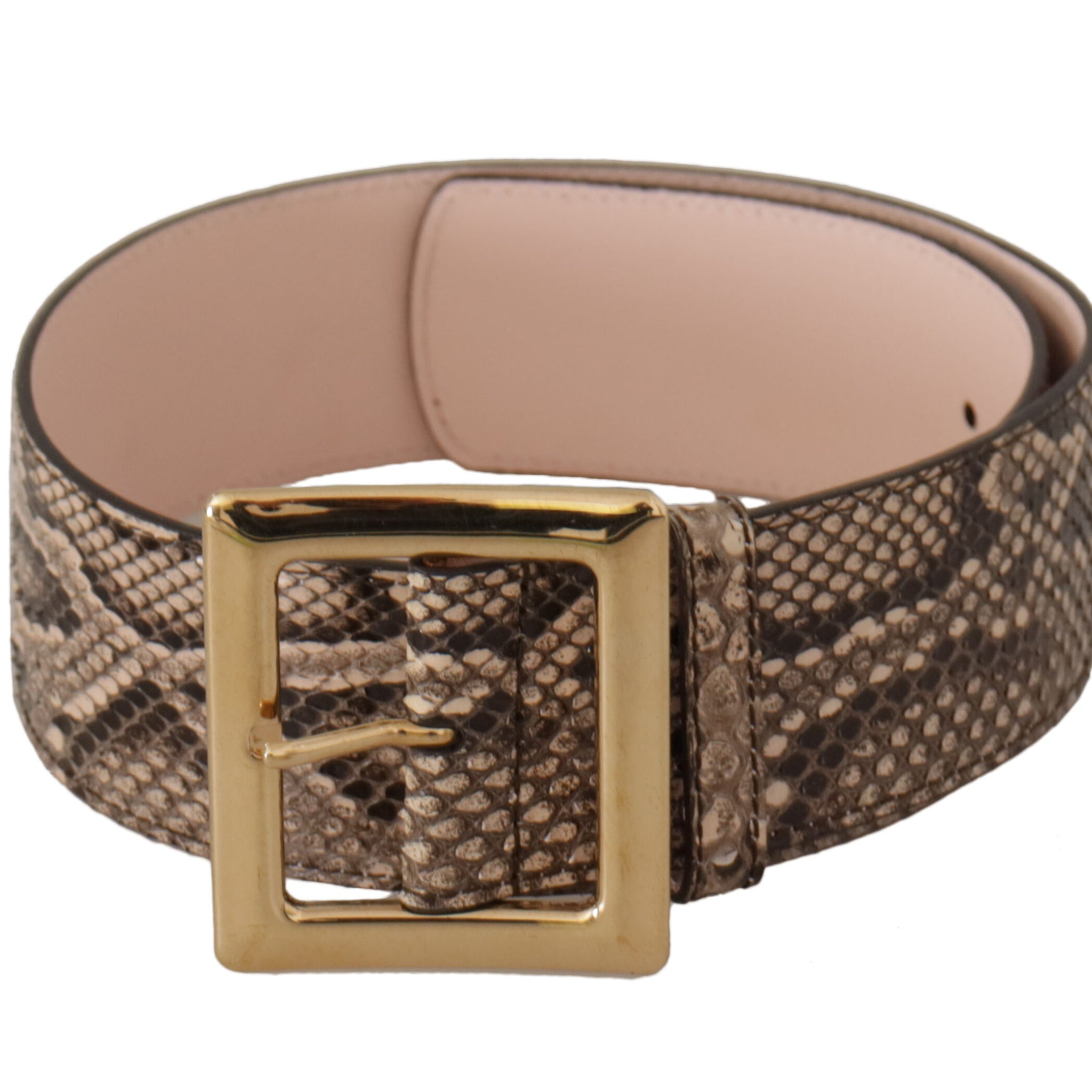 Beige Exotic Leather Wide Gold Metal Buckle Belt