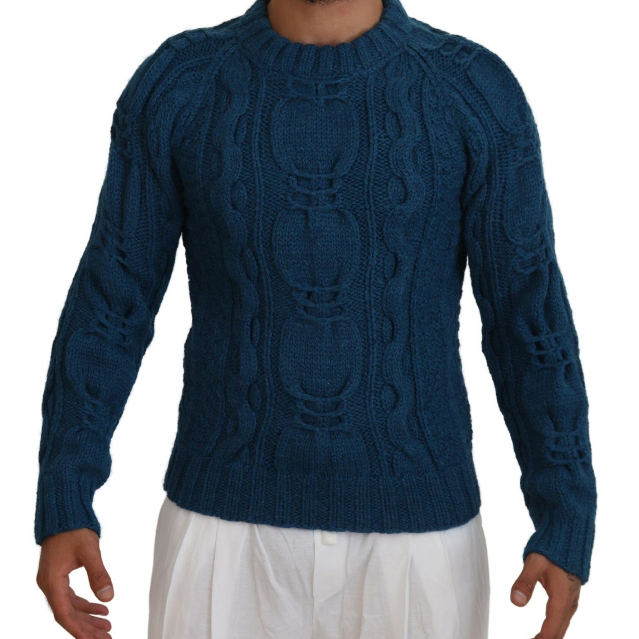 Blue Knitted Wool Alpaca Pullover Sweater