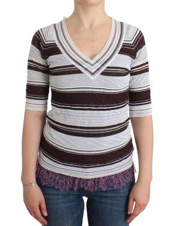 Striped Lace V-Neck Short Sleeve Top Sweater