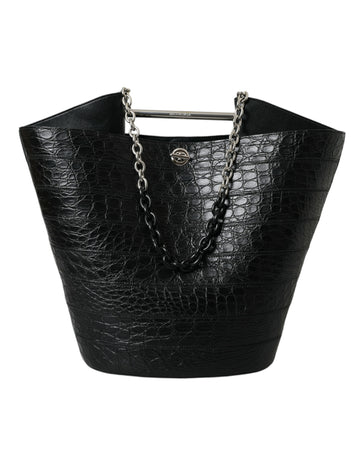 Black Exotic Skin Leather Maxi Bucket Tote Purse Bag