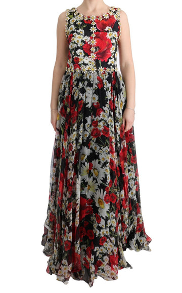 Multicolor Silk Floral Crystal Long Maxi Dress