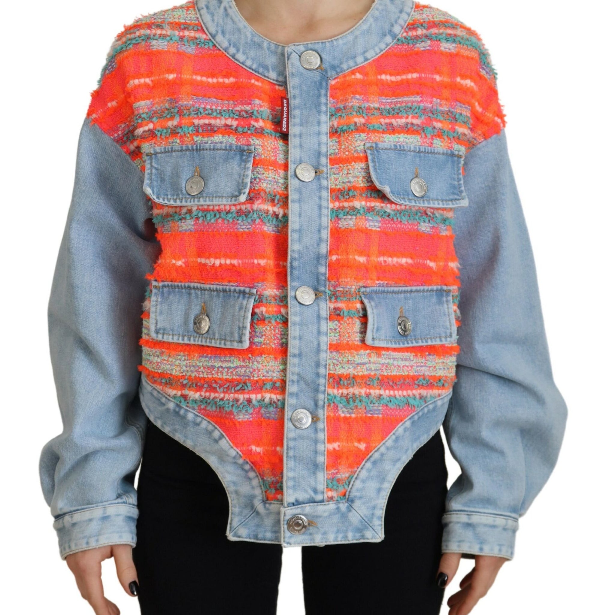 Orange Blue Panelled Button Front Denim Jacket