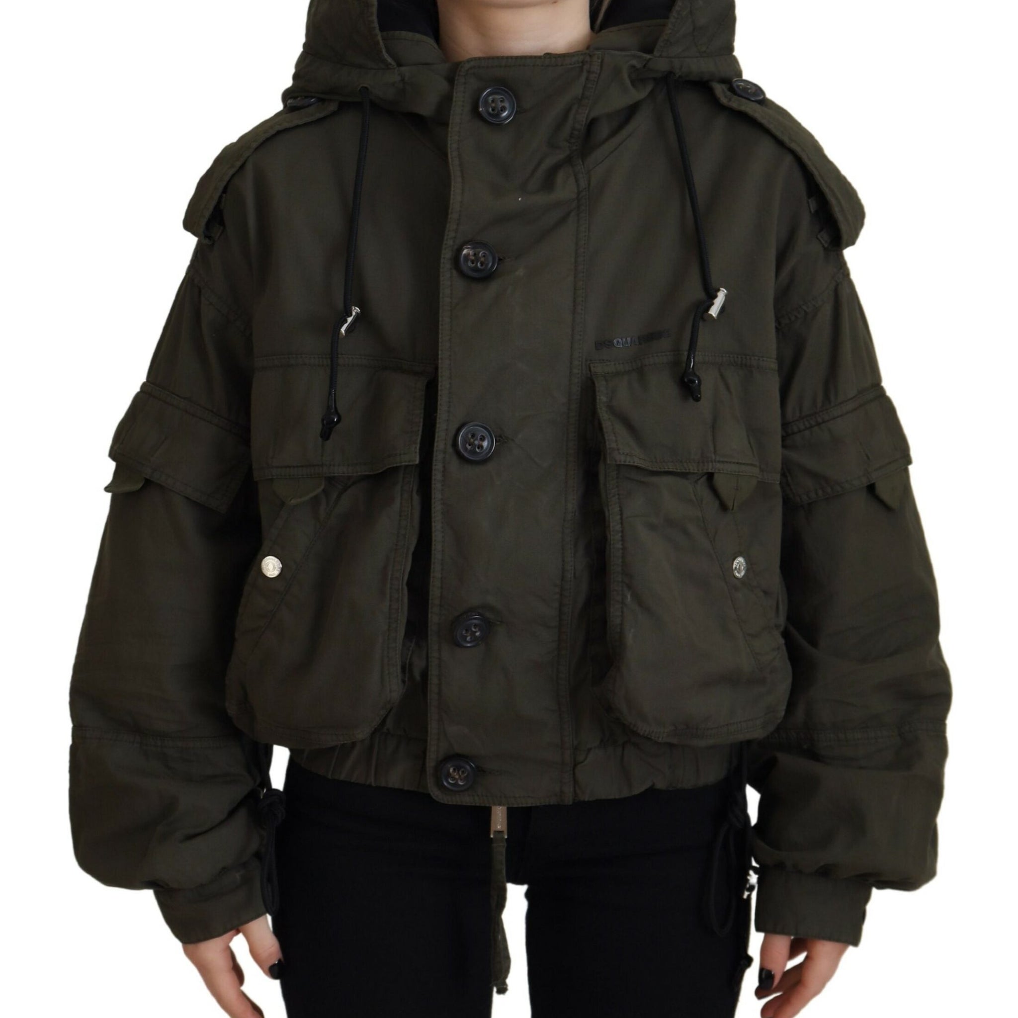 Green Cotton Hooded Cargo Button Jacket