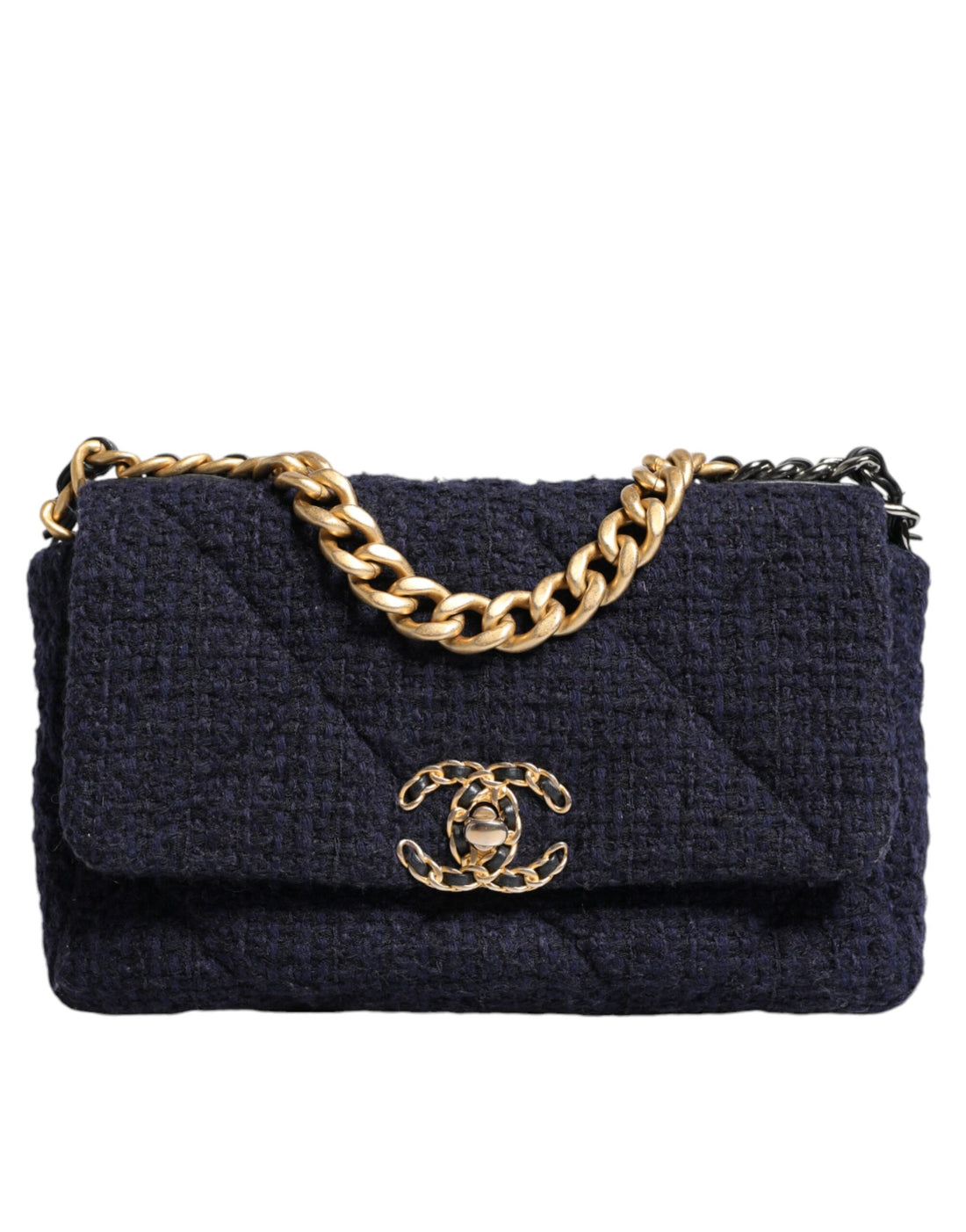 Dark Blue Medium Flap Tweed CC Gold Gray Chain Shoulder Bag