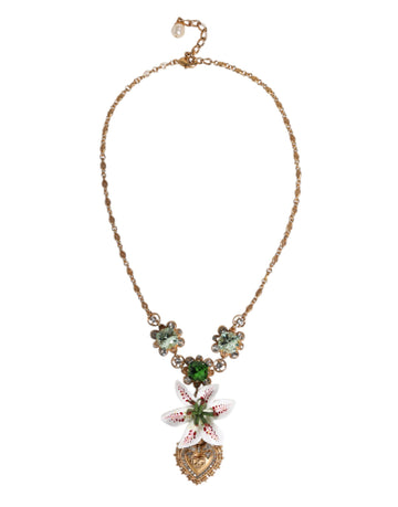Gold Brass Lily Crystal Sacred Heart Pendant Necklace