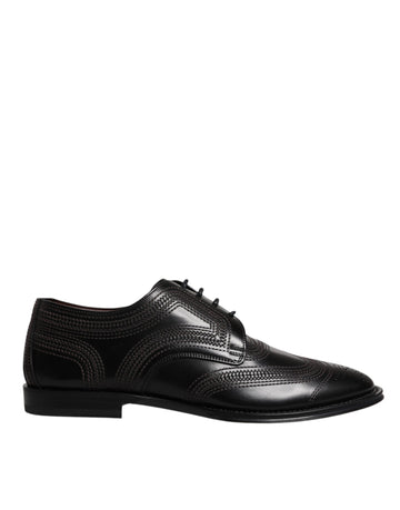 Black Embroidered Classic Leather Derby Dress Shoes