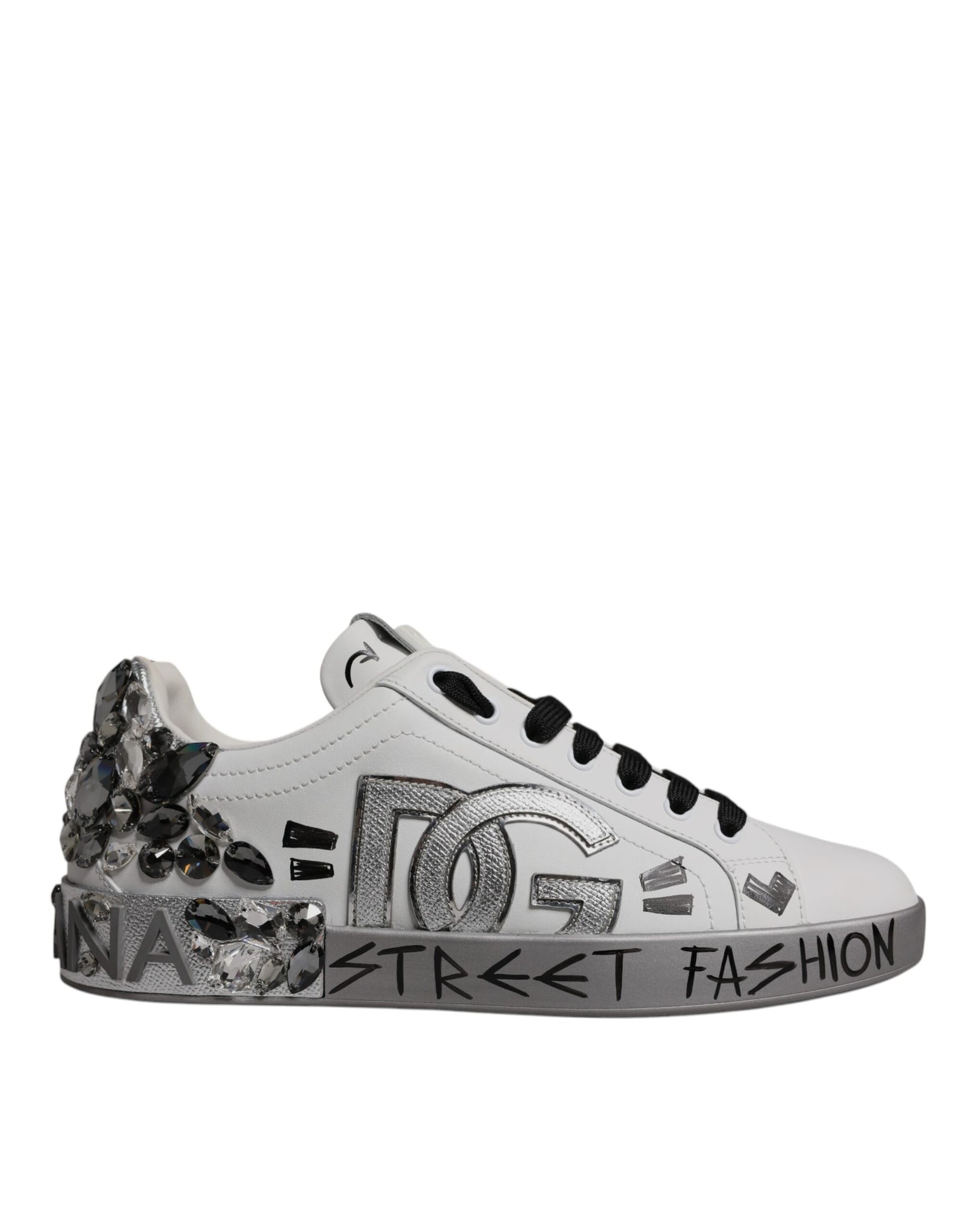 White Silver Crystal Logo Portofino Sneakers Shoes