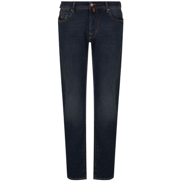 Blue Cotton Men Jeans with Orange Stitch Detail