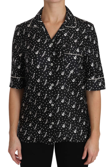 Black GuitarTrumpet Print Silk Shirt Top