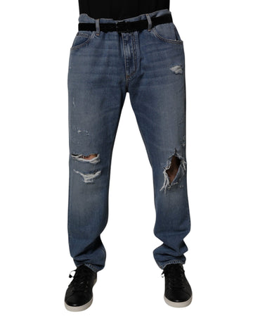 Blue Tattered Cotton Straight Denim Jeans