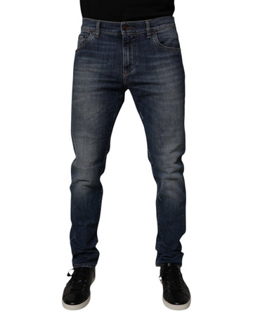 Dark Blue Cotton Leather Skinny Denim Jeans