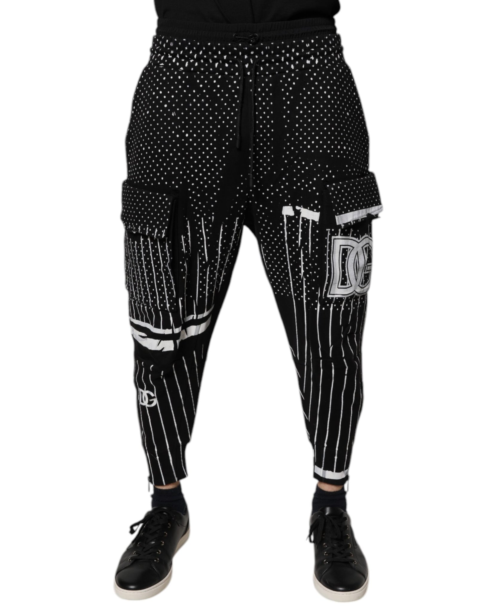Black Polka Dot Stripes Cargo Jogger Sweatpants Pants
