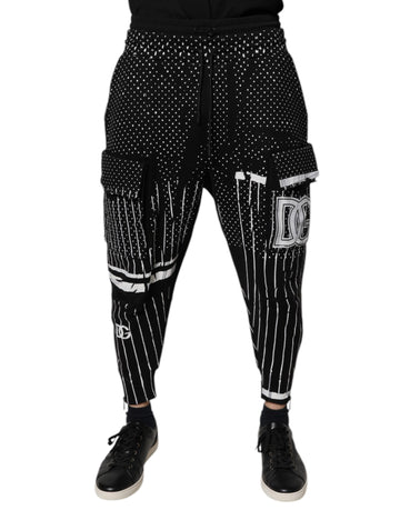 Black Polka Dot Stripes Cargo Jogger Sweatpants Pants