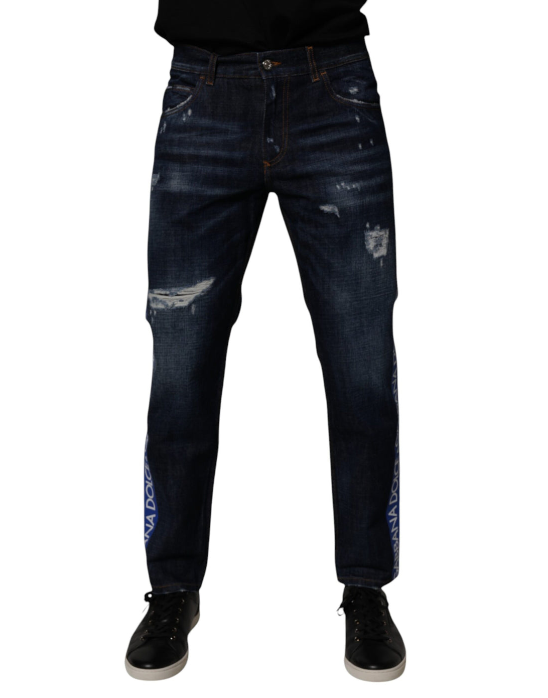 Dark Blue Cotton Tattered Skinny Denim Jeans