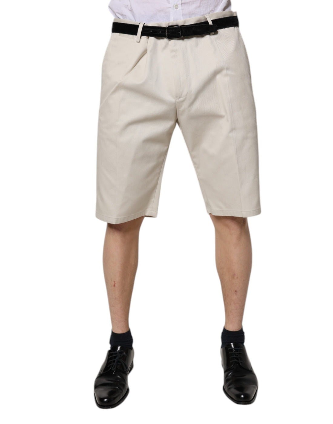 Beige Cotton Stretch Mid Waist Bermuda Shorts