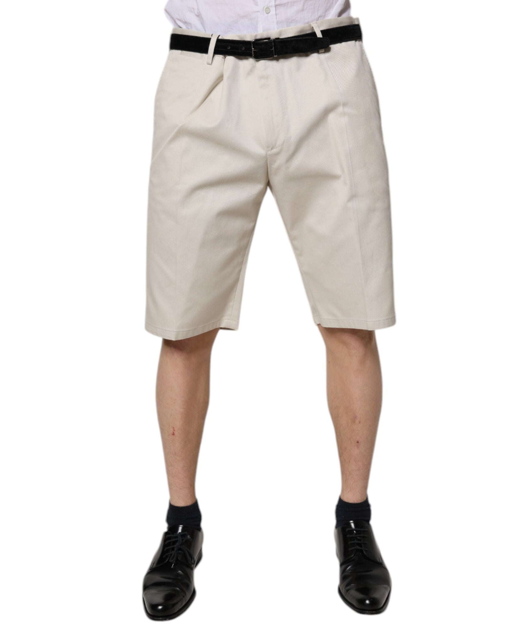 Beige Cotton Stretch Mid Waist Bermuda Shorts