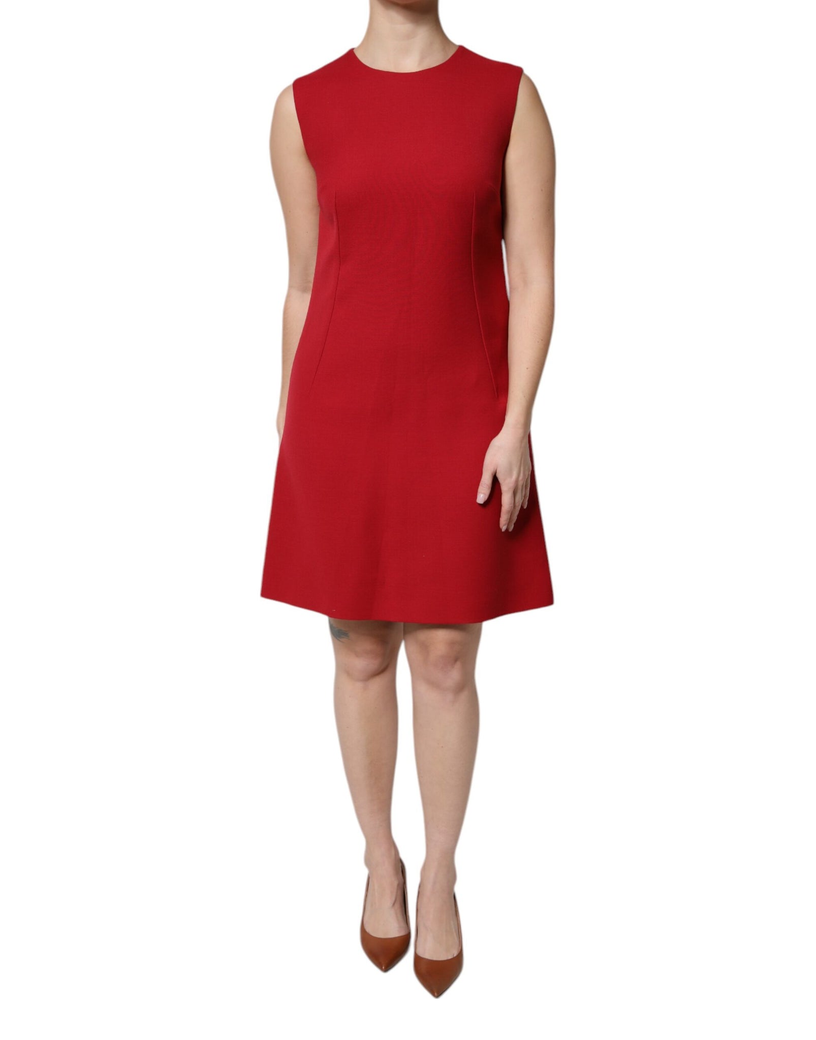 Red Wool Sleeveless Knee Length A-line Dress