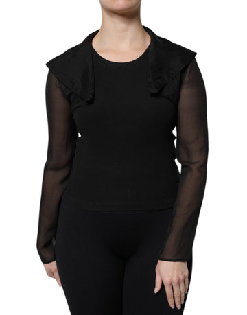 Black Silk Sheer Long Sleeves Blouse Top