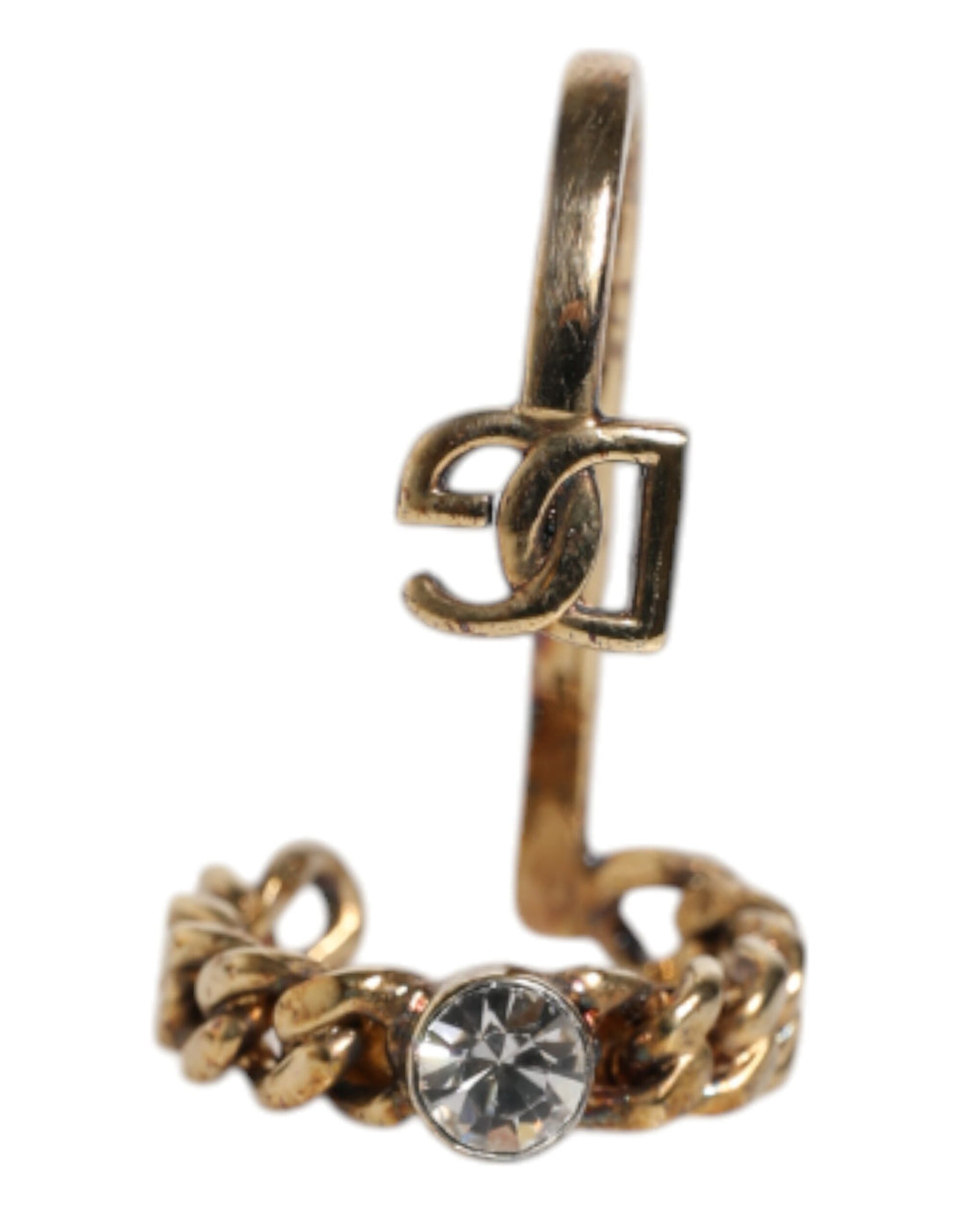 Gold Tone Engraved Logo Clear Crystals Adjustable Ring