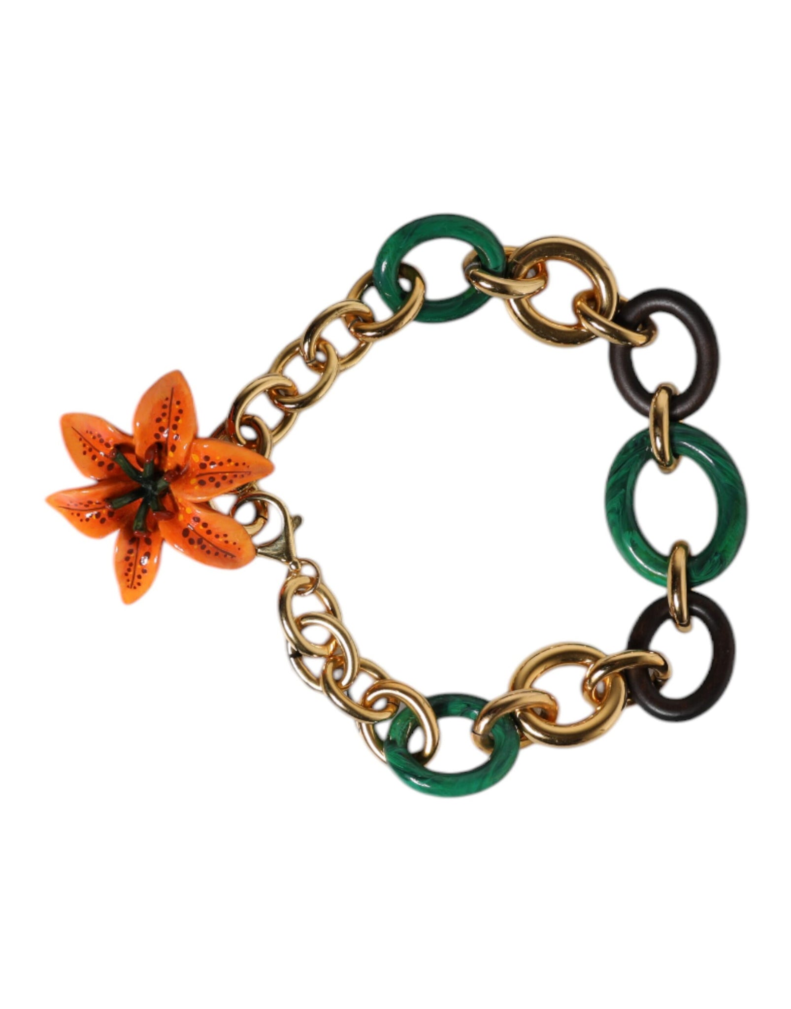 Multicolor Gold Brass Orange Lily Floral Chain Necklace
