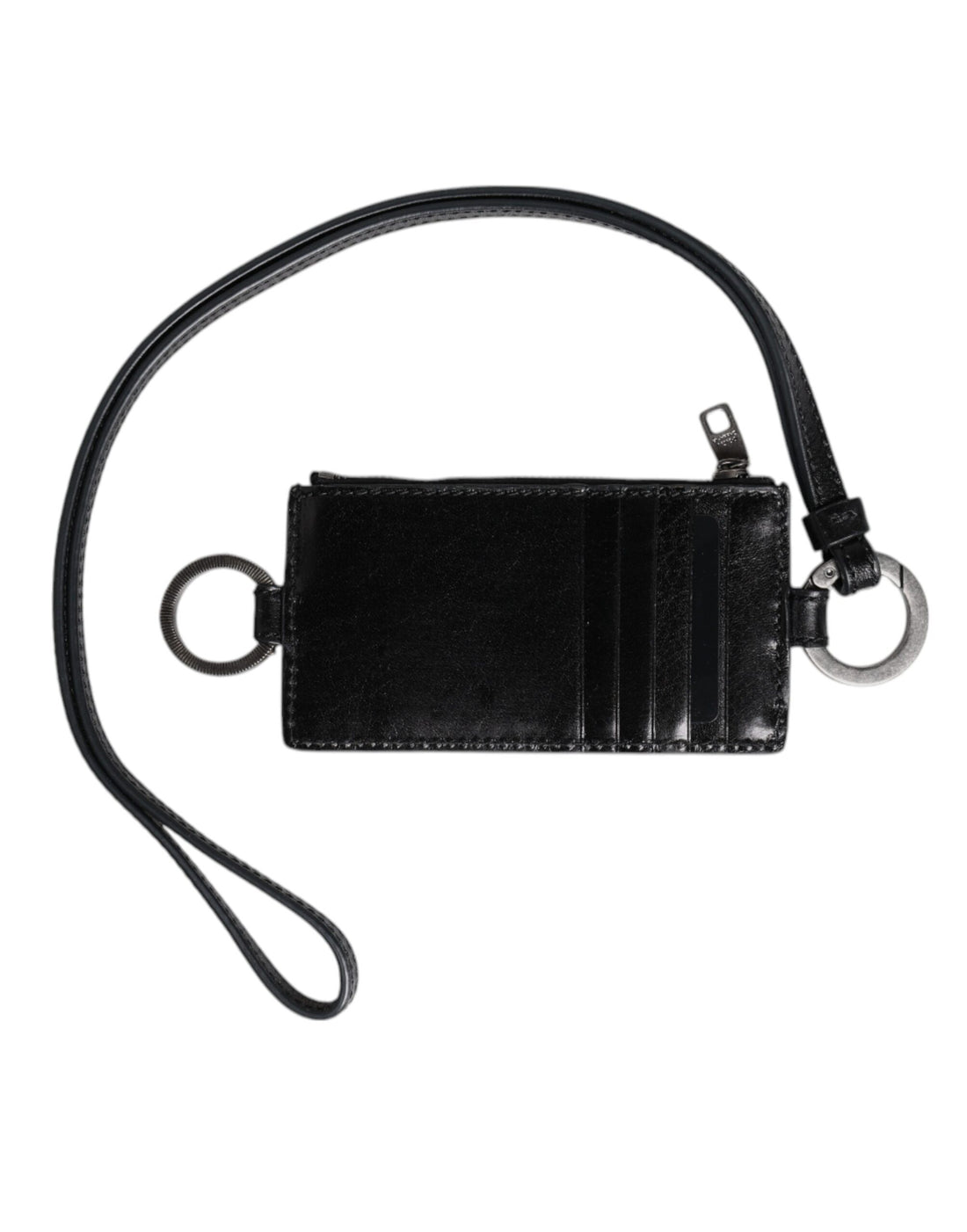 Black Leather Logo Embossed Lanyard Card Holder Wallet
