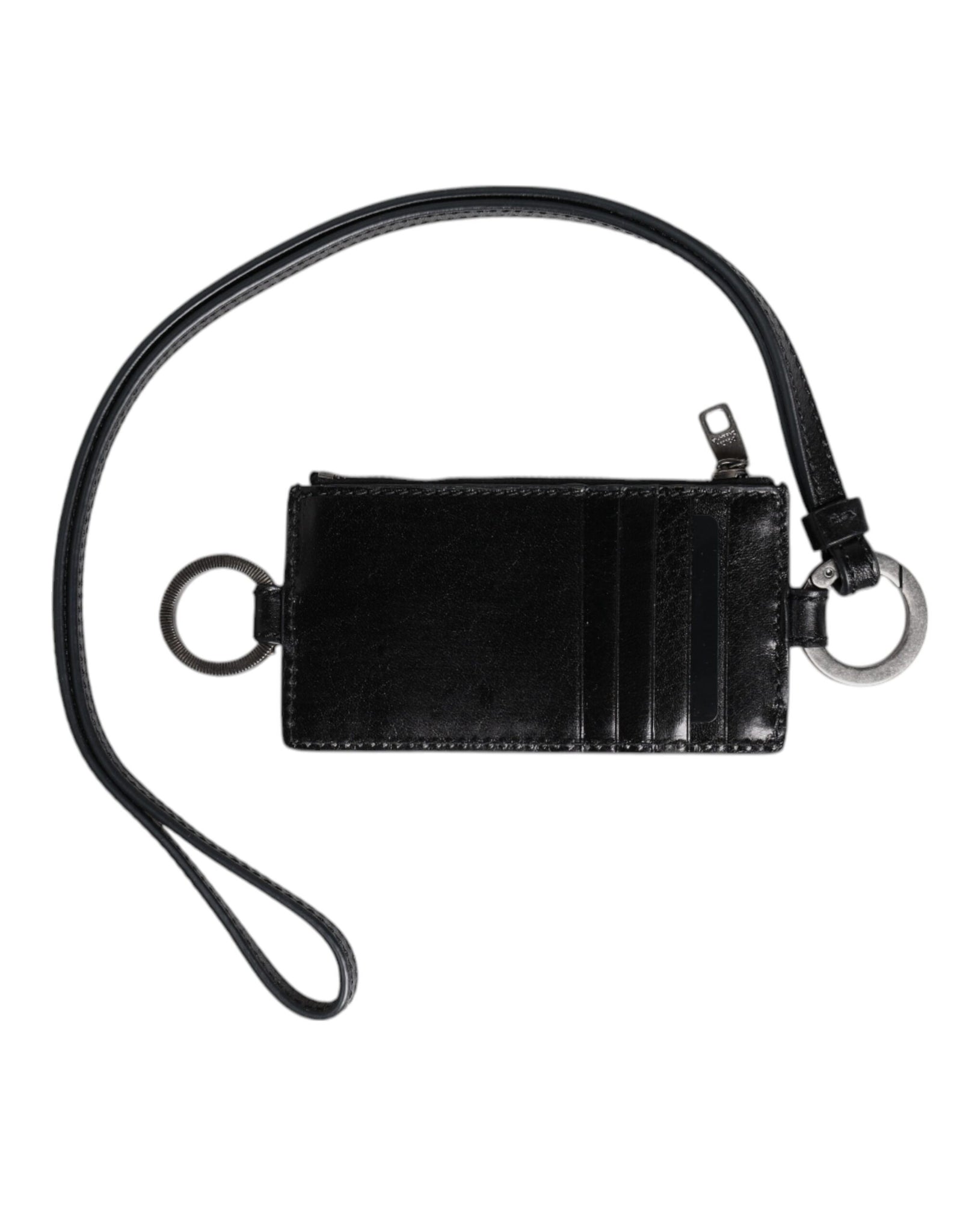 Black Leather Logo Embossed Lanyard Card Holder Wallet