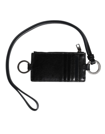 Black Leather Logo Embossed Lanyard Card Holder Wallet