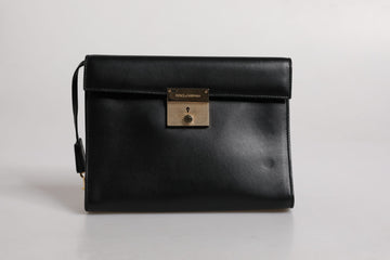 Black Leather Logo Plaque Document Briefcase Bag