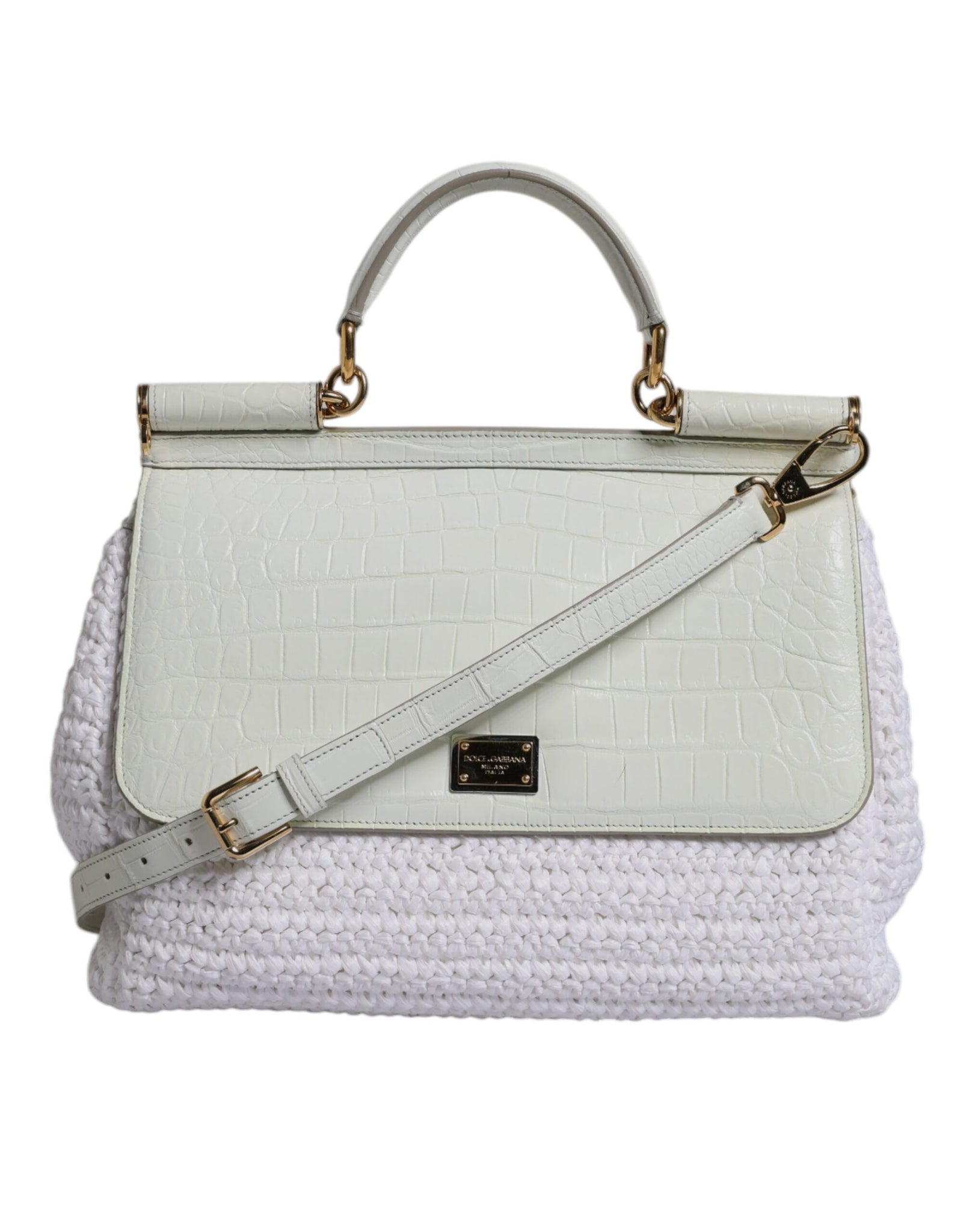 White Rafia Leather Top Handle Crossbody Bag