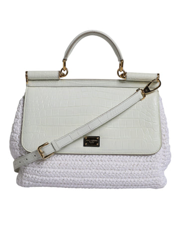 White Rafia Leather Top Handle Crossbody Bag