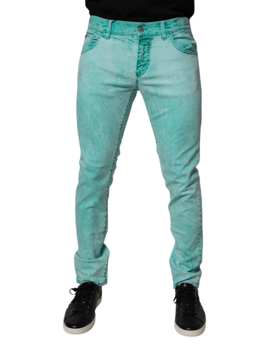 Green Tie Dye Cotton Skinny Men Denim Jeans