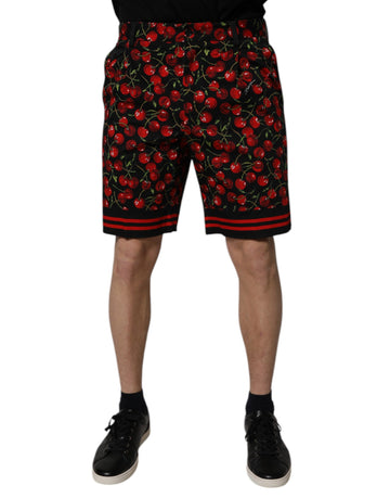Black Red Cherry Print Bermuda Cotton Shorts