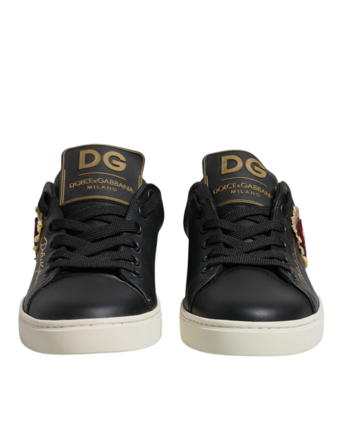 Black Leather Gold Red Heart Sneakers Shoes